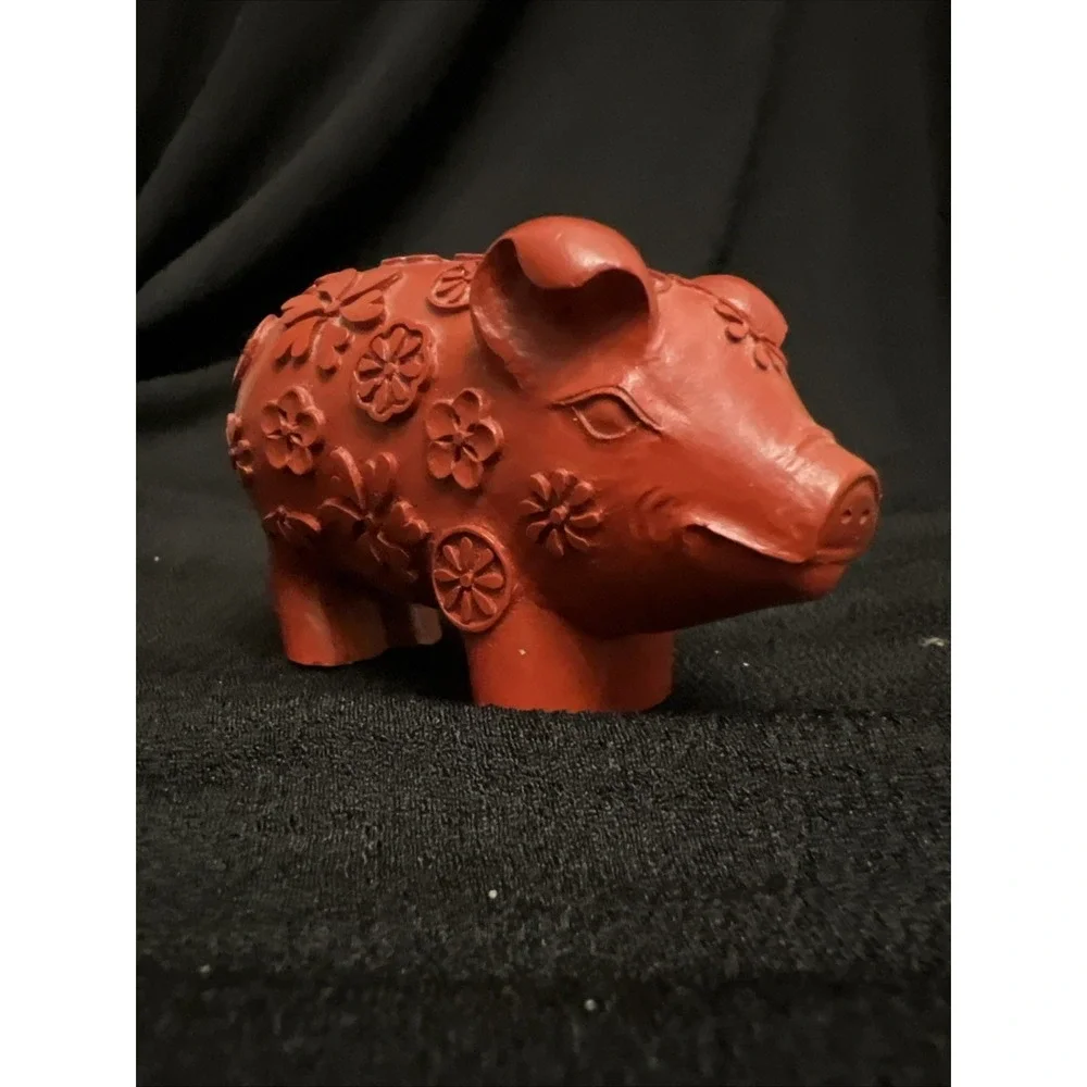 Red Little Pig Floral Carvings Cute Smile 2.25 In Tall X 3.25 Long